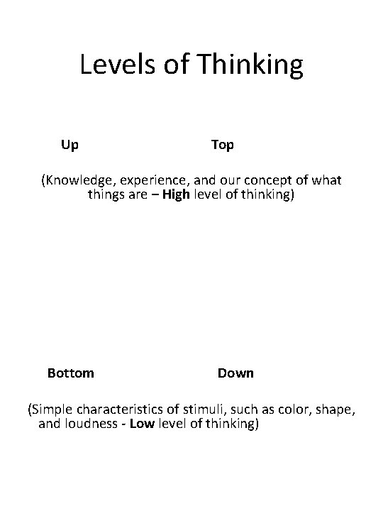 Levels of Thinking Up Top (Knowledge, experience, and our concept of what things are