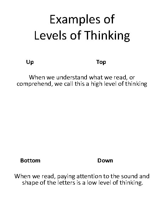 Examples of Levels of Thinking Up Top When we understand what we read, or