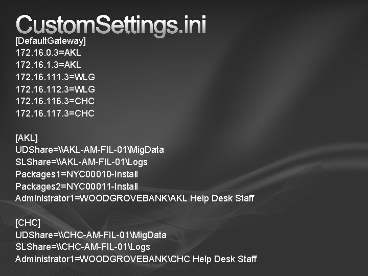 Custom. Settings. ini [Default. Gateway] 172. 16. 0. 3=AKL 172. 16. 111. 3=WLG 172.