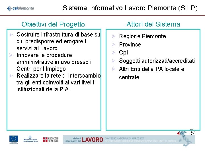 Sistema Informativo Lavoro Piemonte (SILP) Obiettivi del Progetto Ø Costruire infrastruttura di base su