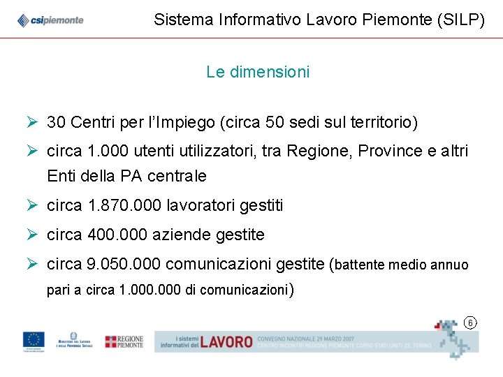 Sistema Informativo Lavoro Piemonte (SILP) Le dimensioni Ø 30 Centri per l’Impiego (circa 50