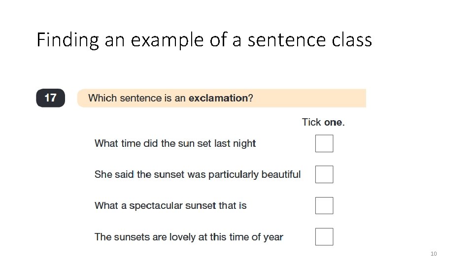 Finding an example of a sentence class 10 