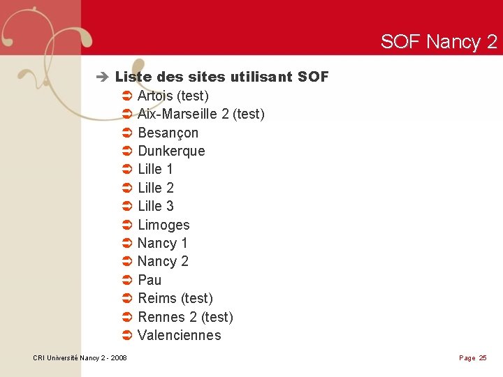 SOF Nancy 2 è Liste des sites utilisant SOF Ü Artois (test) Ü Aix-Marseille