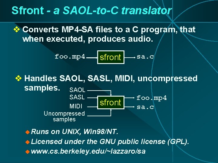 Sfront - a SAOL-to-C translator v Converts MP 4 -SA files to a C Sfront - a SAOL-to-C translator v Converts MP 4 -SA files to a C