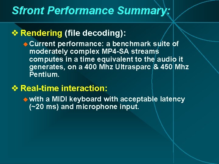 Sfront Performance Summary: v Rendering (file decoding): u Current performance: a benchmark suite of Sfront Performance Summary: v Rendering (file decoding): u Current performance: a benchmark suite of