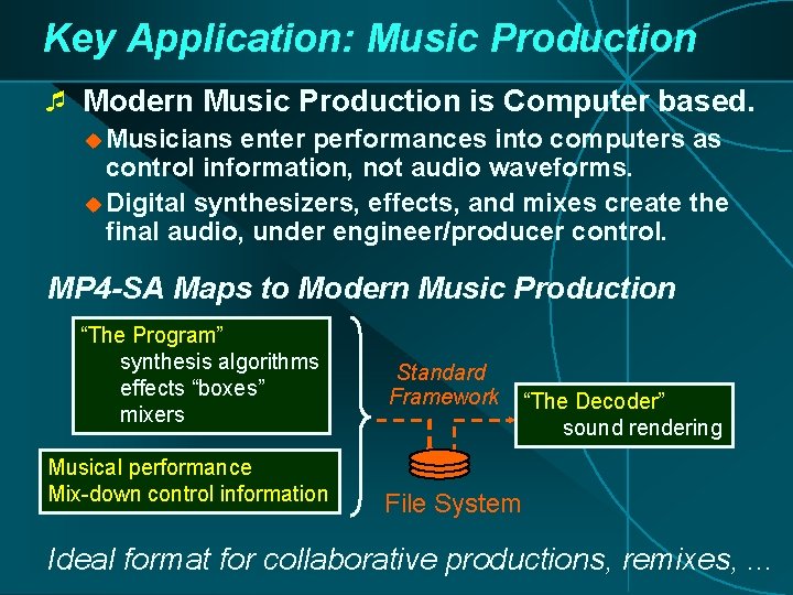 Key Application: Music Production ¯ Modern Music Production is Computer based. u Musicians enter Key Application: Music Production ¯ Modern Music Production is Computer based. u Musicians enter