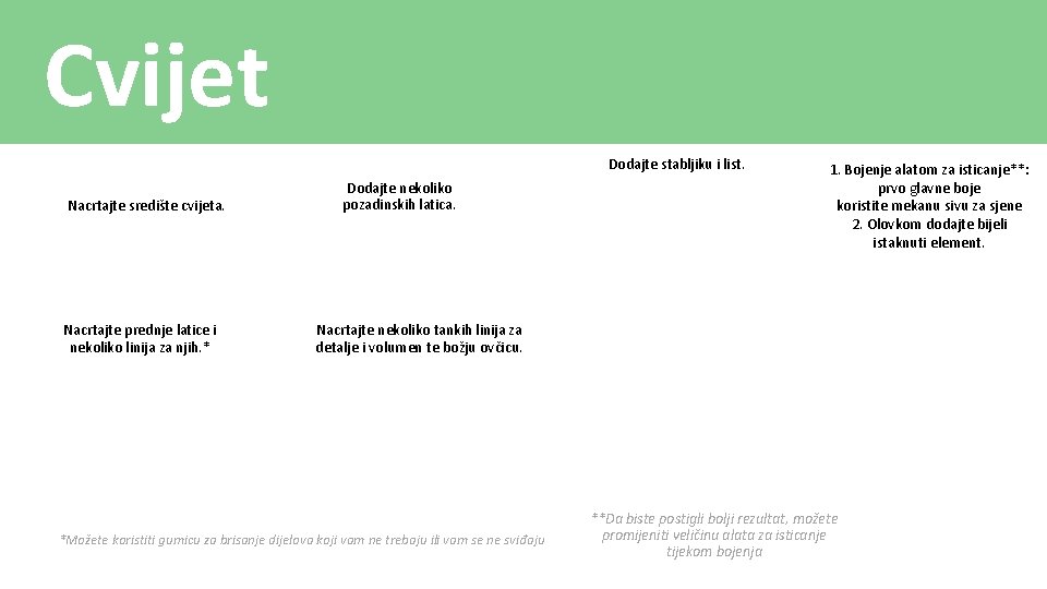 Cvijet Dodajte stabljiku i list. Nacrtajte središte cvijeta. Nacrtajte prednje latice i nekoliko linija