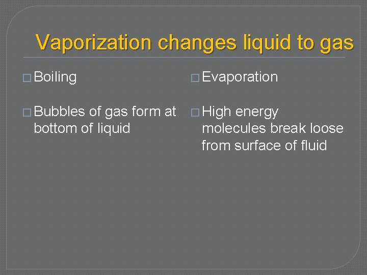 Vaporization changes liquid to gas � Boiling � Evaporation � Bubbles � High of