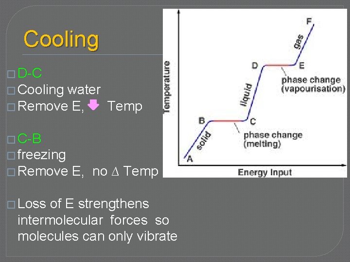 Cooling � D-C � Cooling water � Remove E, Temp � C-B � freezing