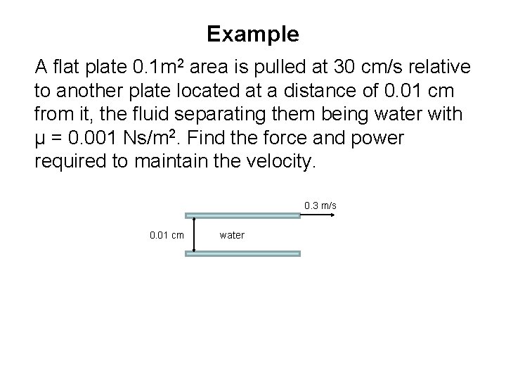 Example A flat plate 0. 1 m 2 area is pulled at 30 cm/s