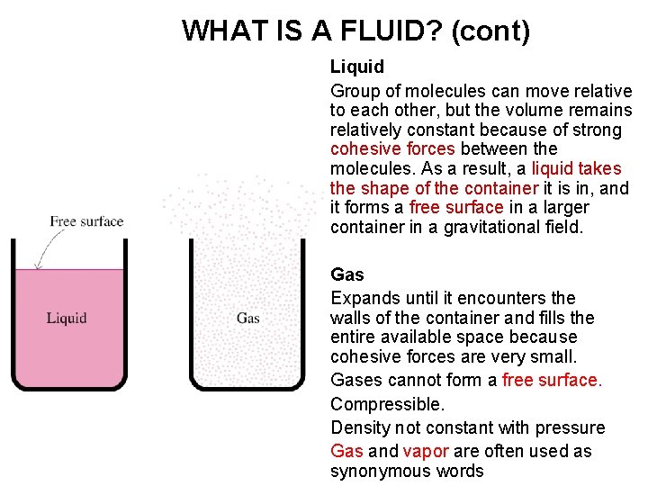 WHAT IS A FLUID? (cont) Liquid Group of molecules can move relative to each