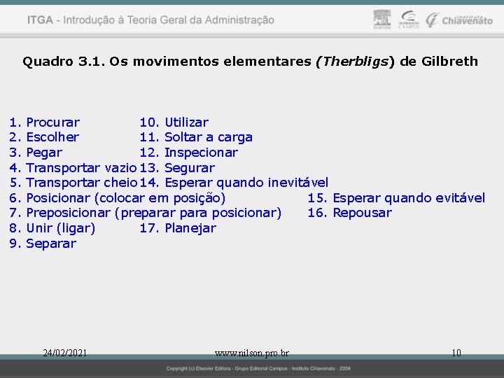 Quadro 3. 1. Os movimentos elementares (Therbligs) de Gilbreth 1. 2. 3. 4. 5.