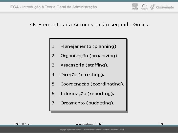 Os Elementos da Administração segundo Gulick: 24/02/2021 1. Planejamento (planning). 2. Organização (organizing). 3.