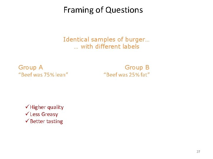 Framing of Questions Identical samples of burger… … with different labels Group A “Beef