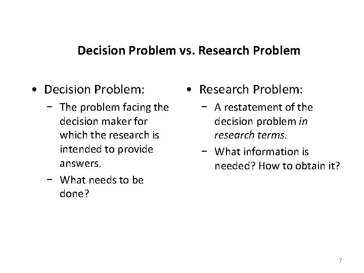 Decision Problem vs. Research Problem • Decision Problem: − The problem facing the decision