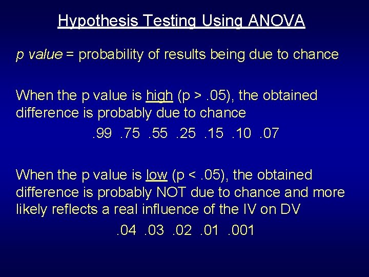 Hypothesis Testing Using ANOVA p value = probability of results being due to chance Hypothesis Testing Using ANOVA p value = probability of results being due to chance