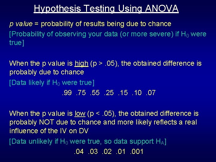 Hypothesis Testing Using ANOVA p value = probability of results being due to chance Hypothesis Testing Using ANOVA p value = probability of results being due to chance