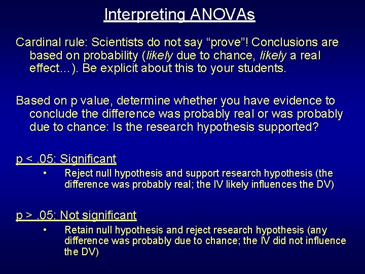 Interpreting ANOVAs Cardinal rule: Scientists do not say “prove”! Conclusions are based on probability Interpreting ANOVAs Cardinal rule: Scientists do not say “prove”! Conclusions are based on probability