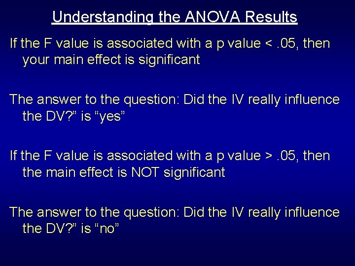 Understanding the ANOVA Results If the F value is associated with a p value Understanding the ANOVA Results If the F value is associated with a p value