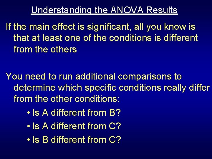 Understanding the ANOVA Results If the main effect is significant, all you know is Understanding the ANOVA Results If the main effect is significant, all you know is