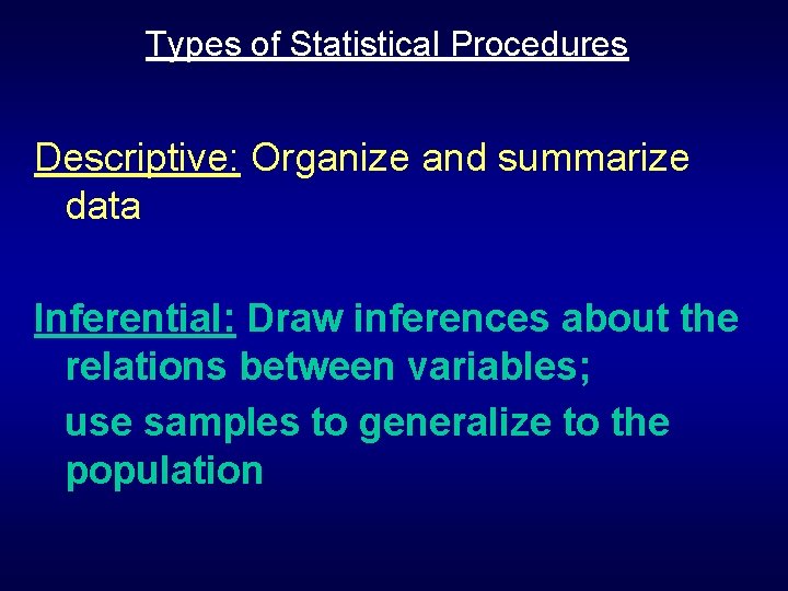 Types of Statistical Procedures Descriptive: Organize and summarize data Inferential: Draw inferences about the Types of Statistical Procedures Descriptive: Organize and summarize data Inferential: Draw inferences about the
