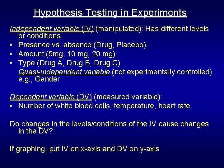 Hypothesis Testing in Experiments Independent variable (IV) (manipulated): Has different levels or conditions • Hypothesis Testing in Experiments Independent variable (IV) (manipulated): Has different levels or conditions •