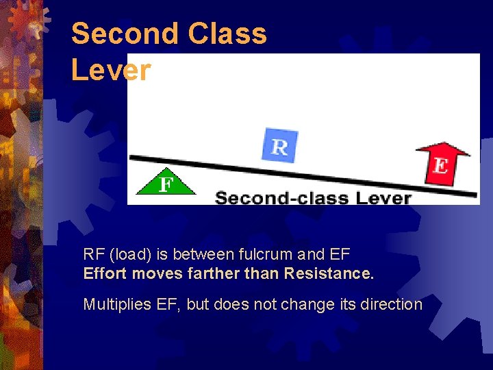 Second Class Lever RF (load) is between fulcrum and EF Effort moves farther than