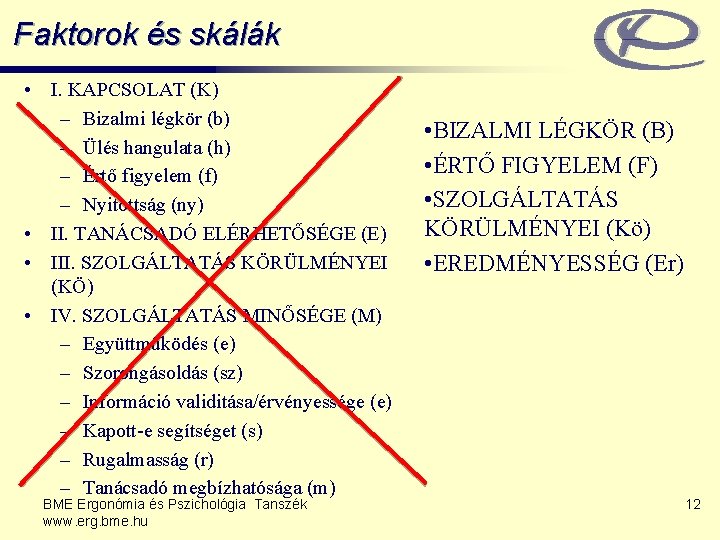 Faktorok és skálák • I. KAPCSOLAT (K) – Bizalmi légkör (b) – Ülés hangulata