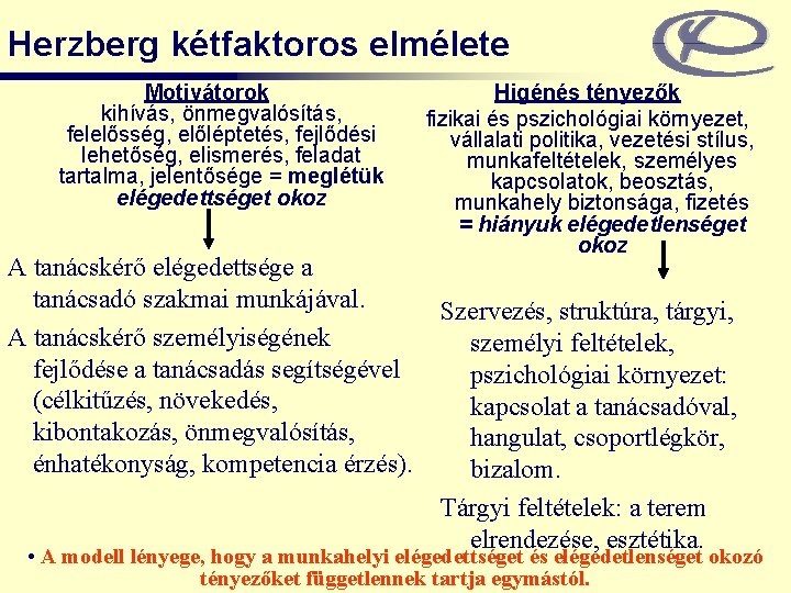 Herzberg kétfaktoros elmélete Motivátorok kihívás, önmegvalósítás, felelősség, előléptetés, fejlődési lehetőség, elismerés, feladat tartalma, jelentősége