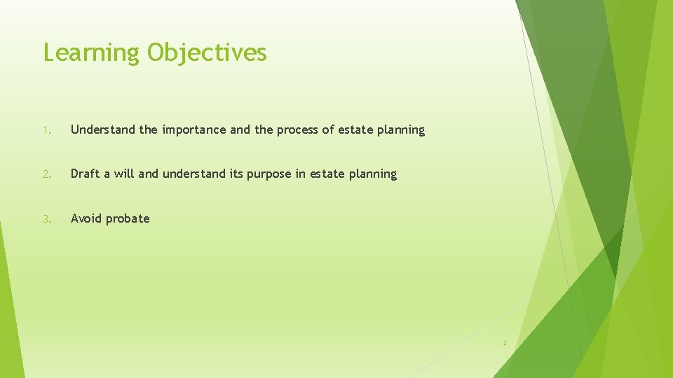 Learning Objectives 1. Understand the importance and the process of estate planning 2. Draft