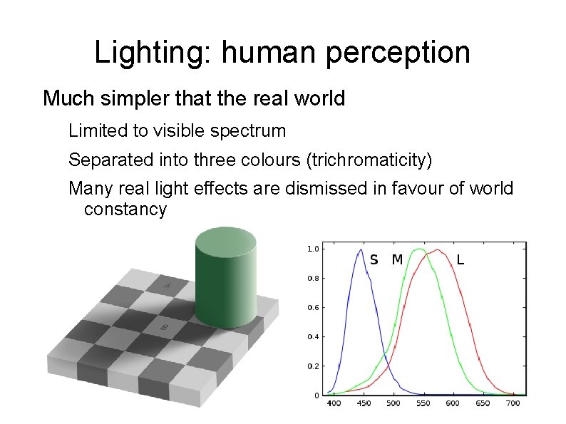 Lighting: human perception Much simpler that the real world Limited to visible spectrum Separated