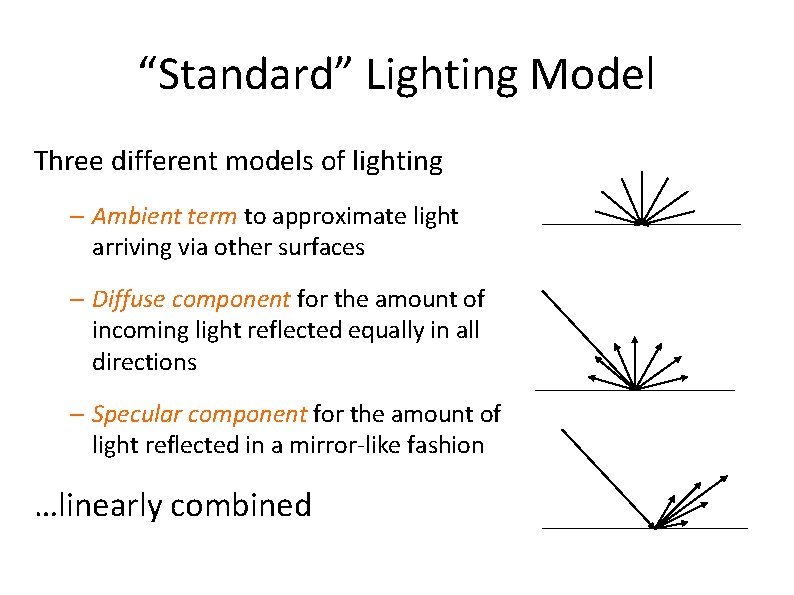 “Standard” Lighting Model Three different models of lighting – Ambient term to approximate light