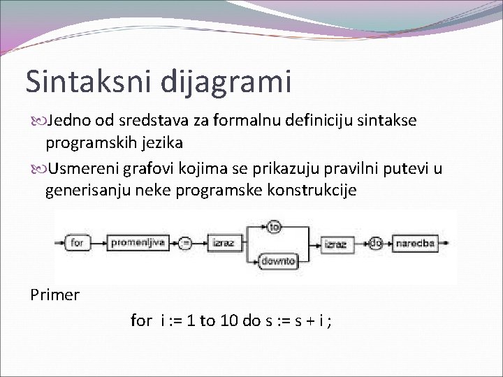 Sintaksni dijagrami Jedno od sredstava za formalnu definiciju sintakse programskih jezika Usmereni grafovi kojima