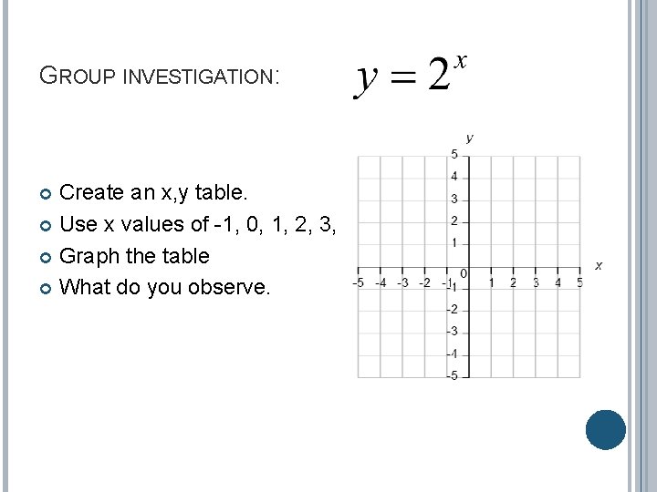 GROUP INVESTIGATION: Create an x, y table. Use x values of -1, 0, 1,