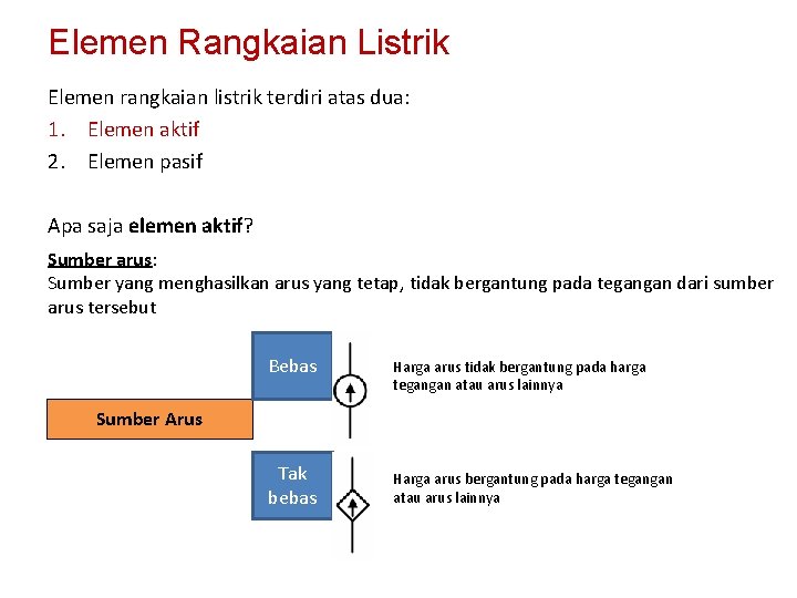Elemen Rangkaian Listrik Elemen rangkaian listrik terdiri atas dua: 1. Elemen aktif 2. Elemen