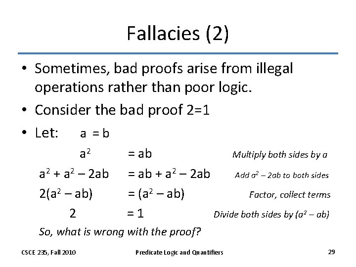 Fallacies (2) • Sometimes, bad proofs arise from illegal operations rather than poor logic.