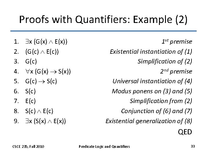 Proofs with Quantifiers: Example (2) 1. 2. 3. 4. 5. 6. 7. 8. 9.