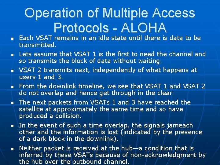 Operation of Multiple Access Protocols - ALOHA Each VSAT remains in an idle state