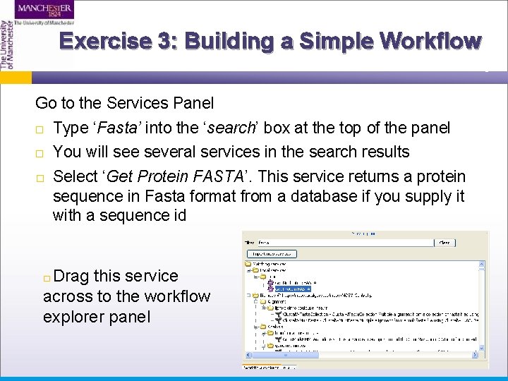 Exercise 3: Building a Simple Workflow Go to the Services Panel Type ‘Fasta’ into