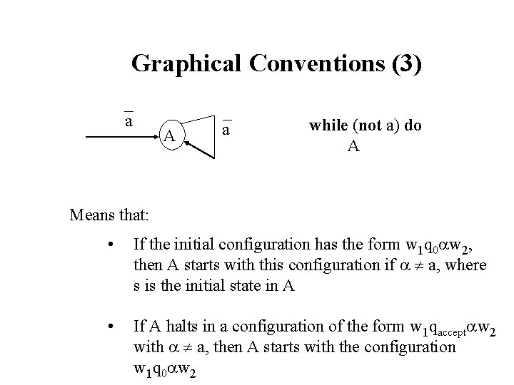 Graphical Conventions (3) a A a while (not a) do A Means that: • Graphical Conventions (3) a A a while (not a) do A Means that: •