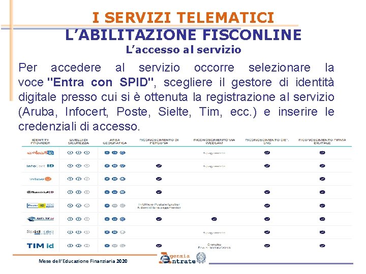 I SERVIZI TELEMATICI L’ABILITAZIONE FISCONLINE L’accesso al servizio Per accedere al servizio occorre selezionare