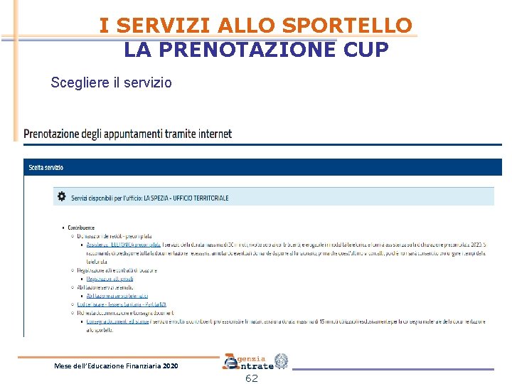 I SERVIZI ALLO SPORTELLO LA PRENOTAZIONE CUP Scegliere il servizio Mese dell’Educazione Finanziaria 2020