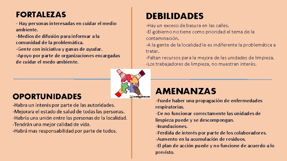 FORTALEZAS - Hay personas interesadas en cuidar el medio ambiente. -Medios de difusión para