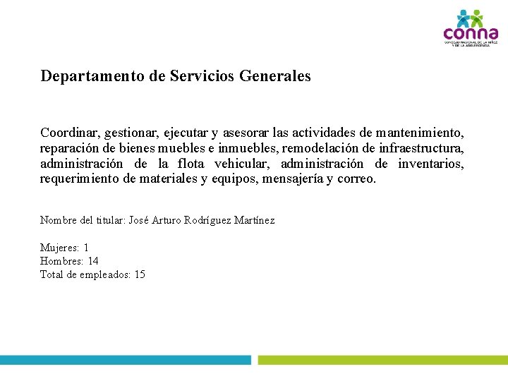 Departamento de Servicios Generales Coordinar, gestionar, ejecutar y asesorar las actividades de mantenimiento, reparación