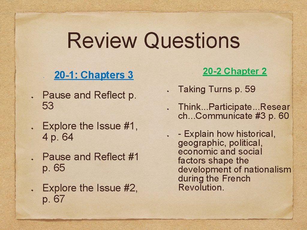 Review Questions • 20 -1: Chapters 3 Pause and Reflect p. 53 Explore the