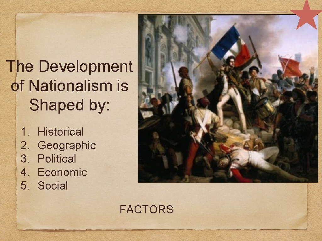 The Development of Nationalism is Shaped by: 1. 2. 3. 4. 5. Historical Geographic