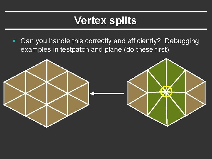 Vertex splits § Can you handle this correctly and efficiently? Debugging examples in testpatch