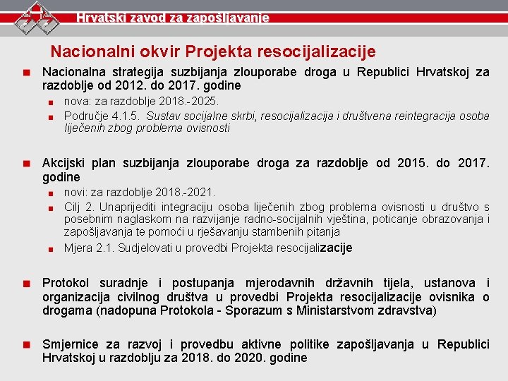 Hrvatski zavod za zapošljavanje Nacionalni okvir Projekta resocijalizacije Nacionalna strategija suzbijanja zlouporabe droga u