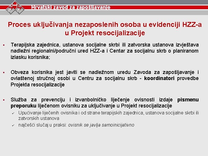 Hrvatski zavod za zapošljavanje Proces uključivanja nezaposlenih osoba u evidenciji HZZ-a u Projekt resocijalizacije