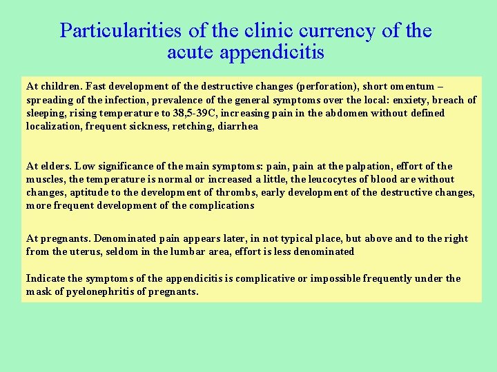 Particularities of the clinic currency of the acute appendicitis At children. Fast development of